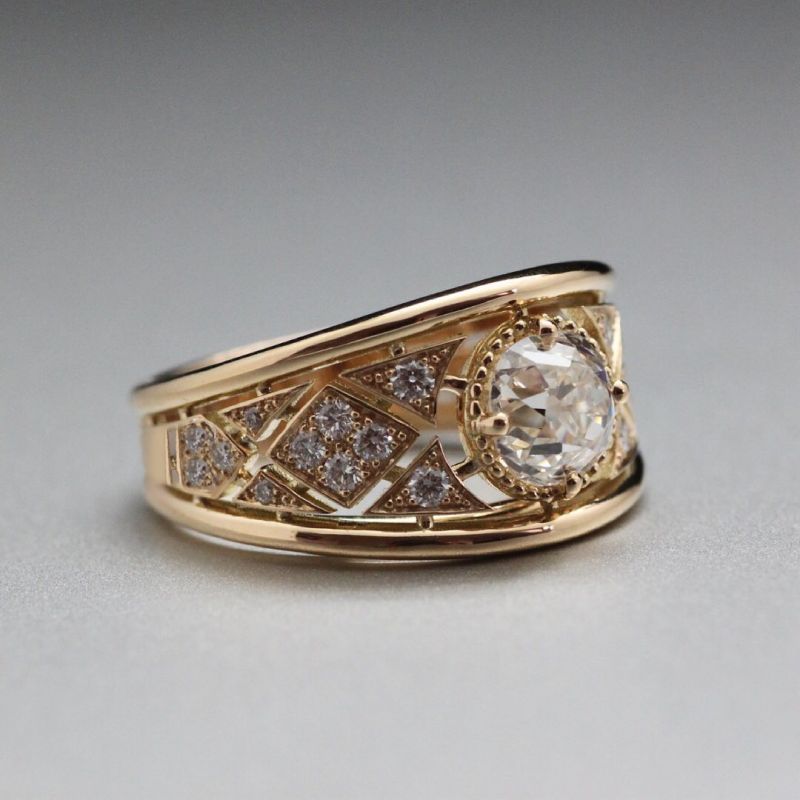 Art Deco Golden Round Cut White Sapphire Engagement Ring For Women Belovegrace