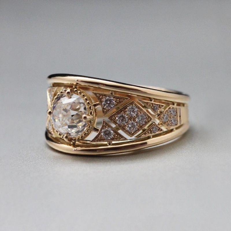 Art Deco Golden Round Cut White Sapphire Engagement Ring For Women Belovegrace