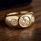 Bezel Set Golden Round Cut White Sapphire Three-Stone Engagement Ring