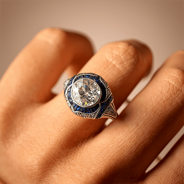 Art Deco Milgrain Brilliant Cut Blue Sapphire Engagement Ring For Women