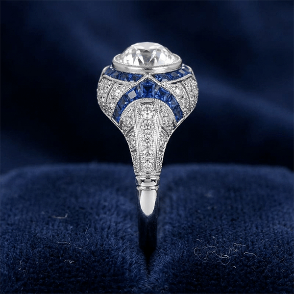 Art Deco Milgrain Brilliant Cut Blue Sapphire Engagement Ring For Women