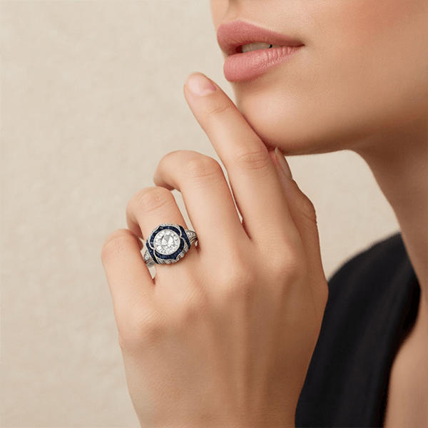 Art Deco Milgrain Brilliant Cut Blue Sapphire Engagement Ring For Women