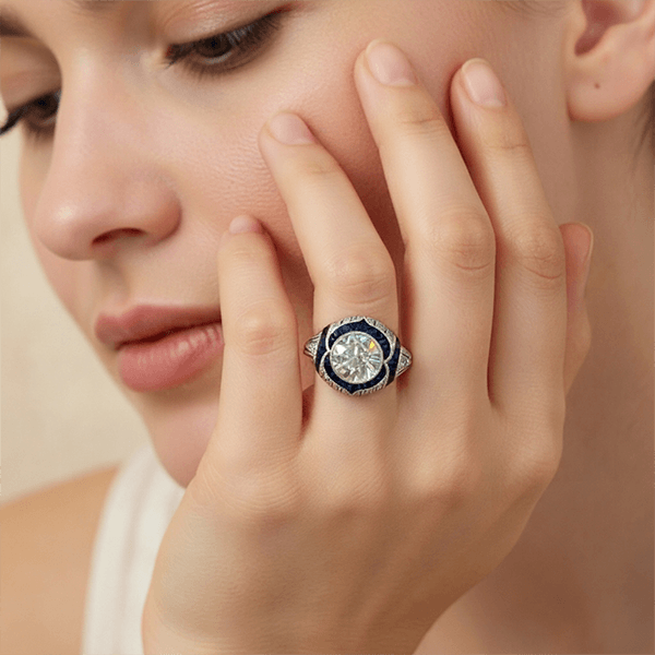 Art Deco Milgrain Brilliant Cut Blue Sapphire Engagement Ring For Women