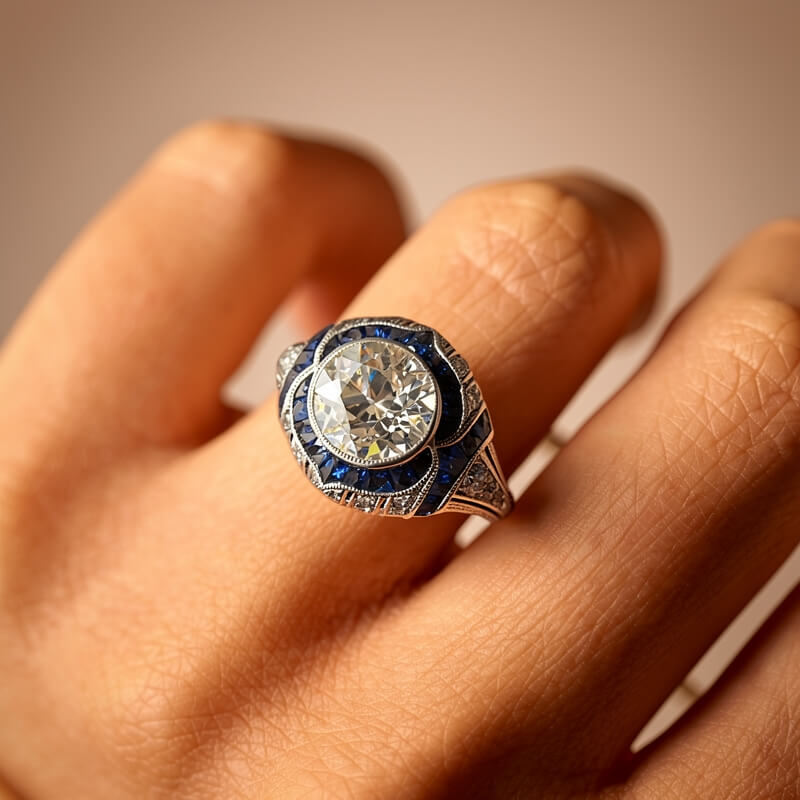 Art Deco Milgrain Brilliant Cut Blue Sapphire Engagement Ring For Women