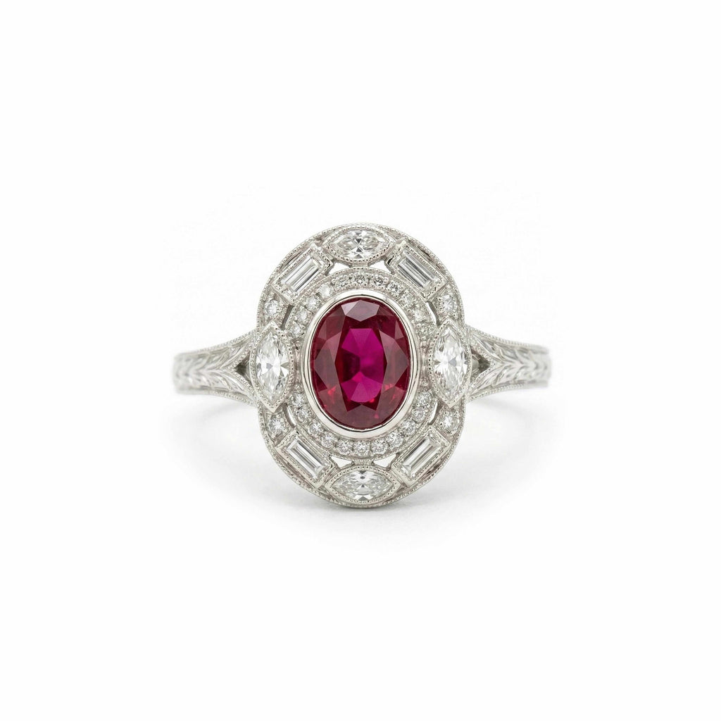 Luxury Jewelry Art Deco Halo Oval Cut Ruby Sapphire Engagement Rings