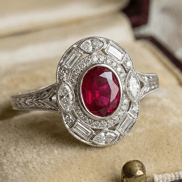 Luxury Jewelry Art Deco Halo Oval Cut Ruby Sapphire Engagement Rings