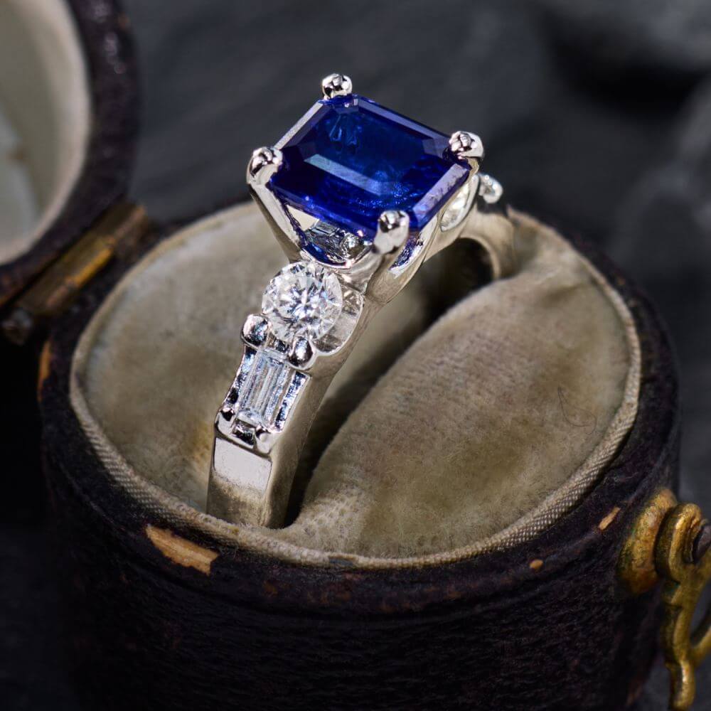 Luxury 2 Carat Emerald Cut Blue Sapphire Engagement Ring