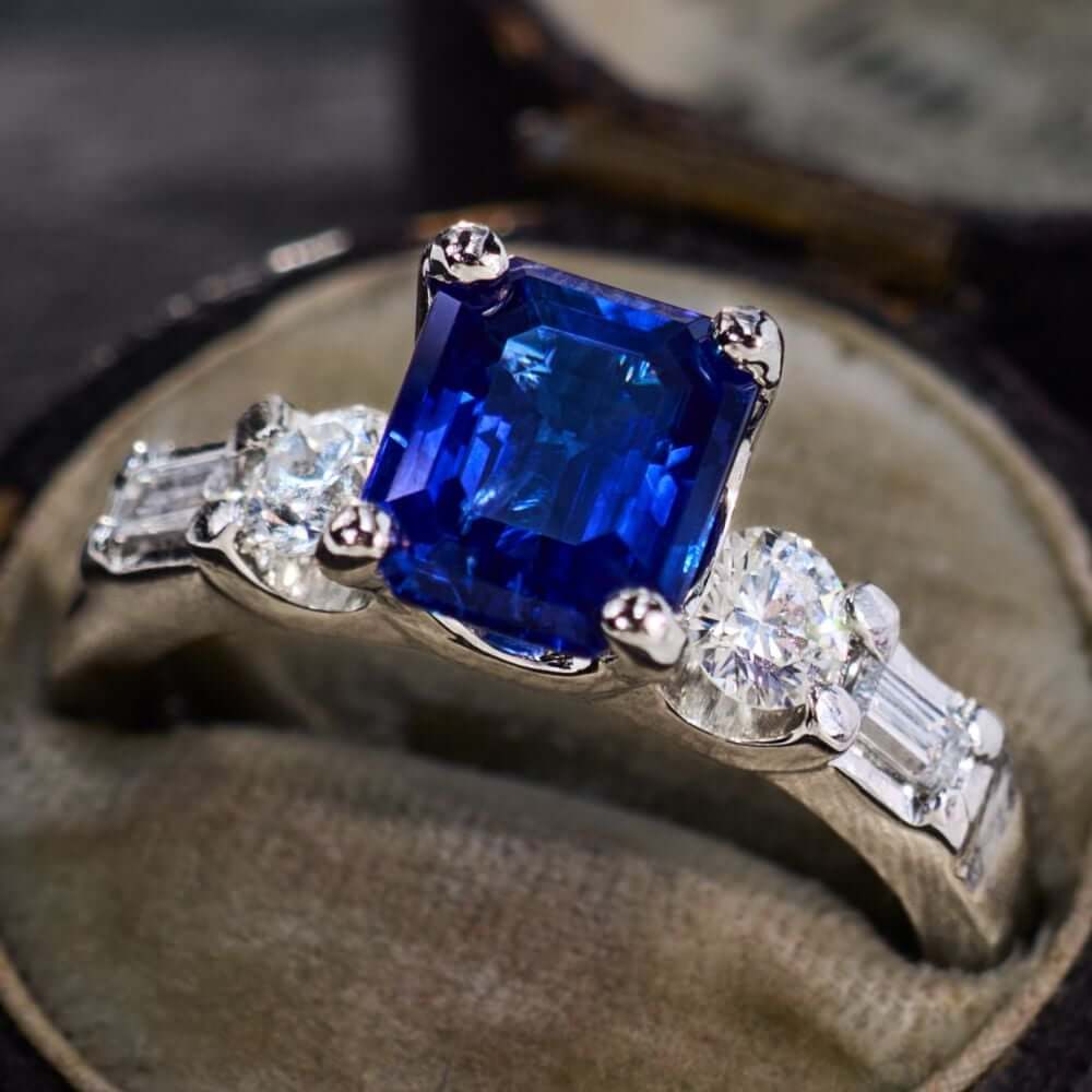 2 Carat Emerald Cut Blue Sapphire Engagement Ring