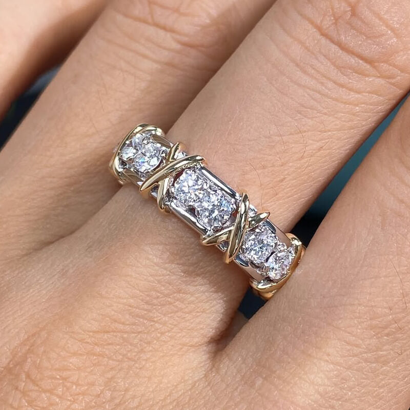 Two Tone Unique Design Round Cut White Sapphire Eternity Wedding Band For Women
