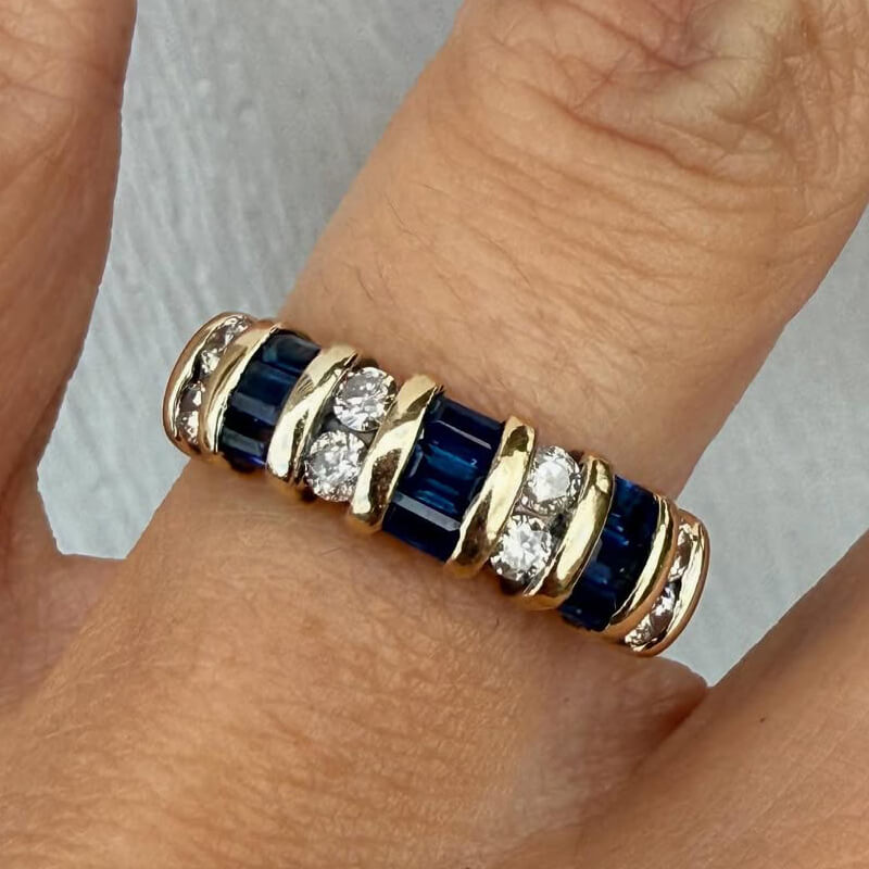Luxury Jewelry Vintage Vertical Channel Baguette & Round Cut Blue & White Sapphire Half Eternity Wedding Bands