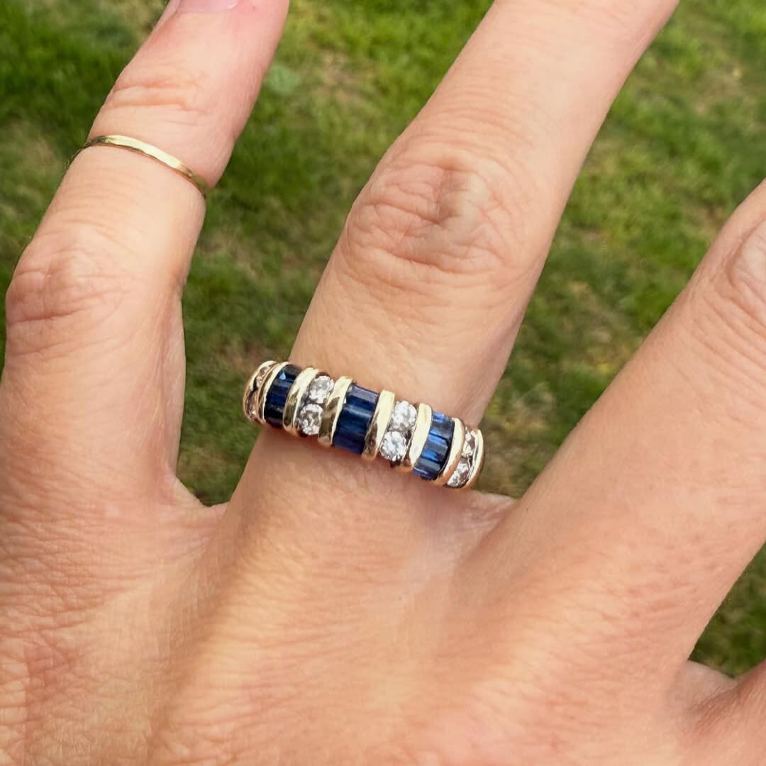 Luxury Jewelry Vintage Vertical Channel Baguette & Round Cut Blue & White Sapphire Half Eternity Wedding Bands