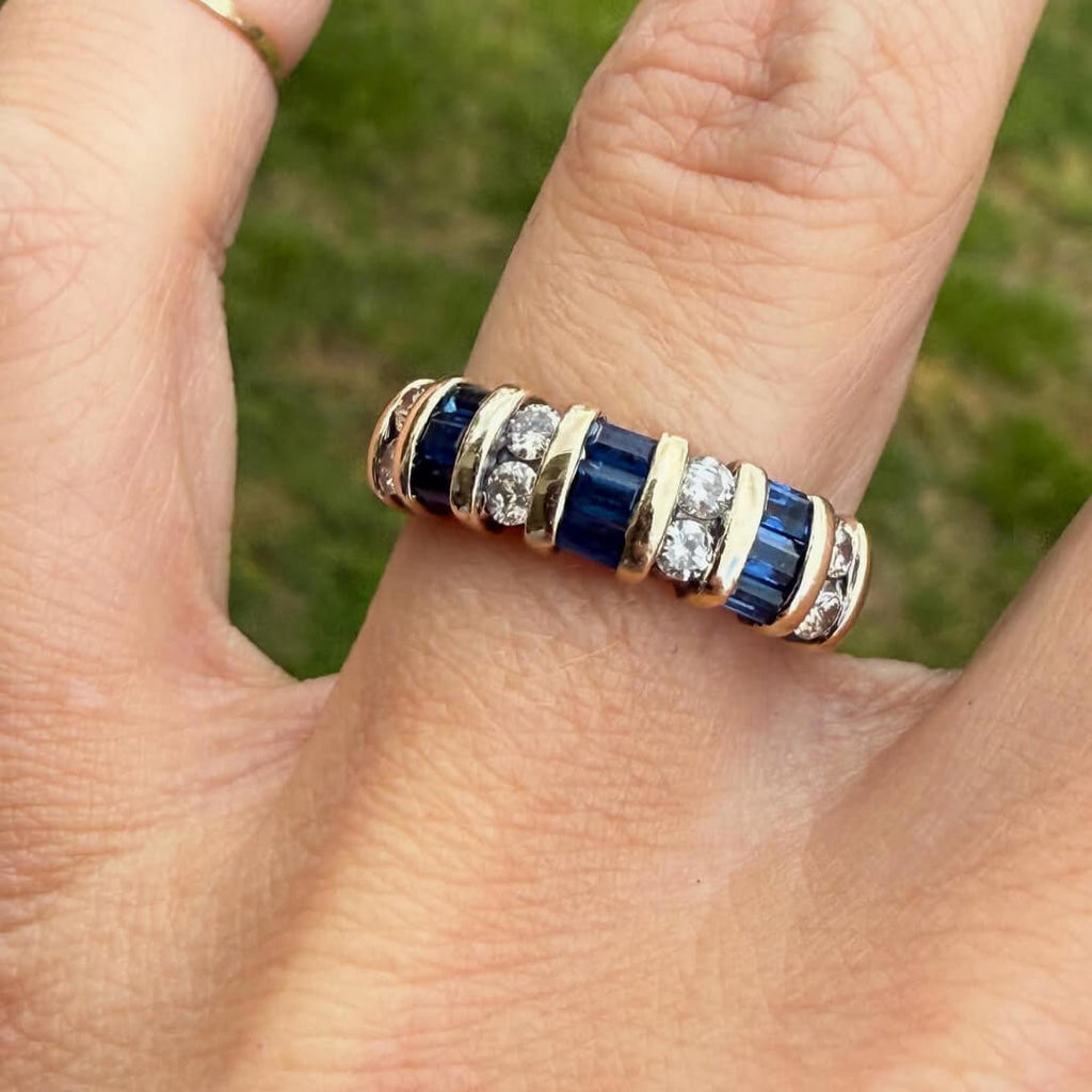 Luxury Jewelry Vintage Vertical Channel Baguette & Round Cut Blue & White Sapphire Half Eternity Wedding Bands