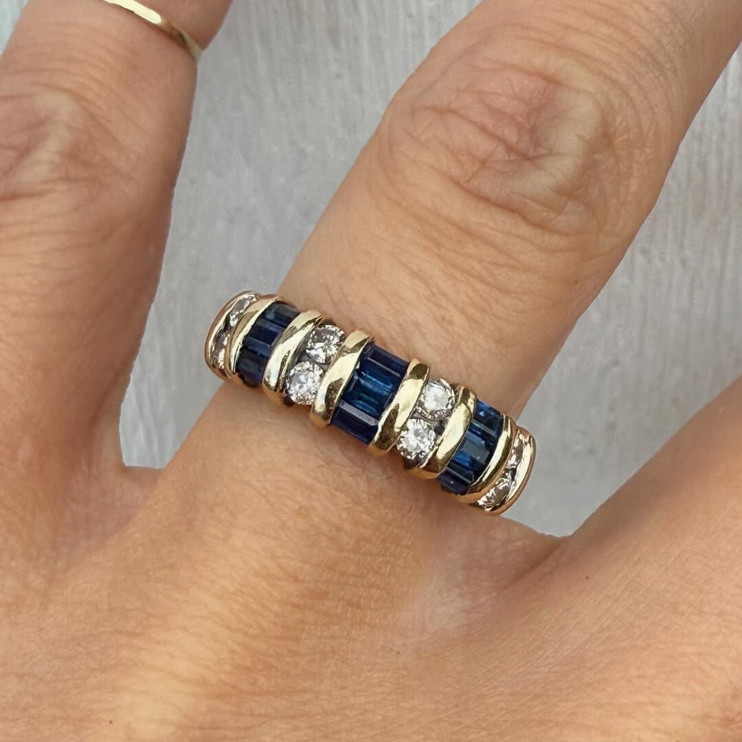 Luxury Jewelry Vintage Vertical Channel Baguette & Round Cut Blue & White Sapphire Half Eternity Wedding Bands