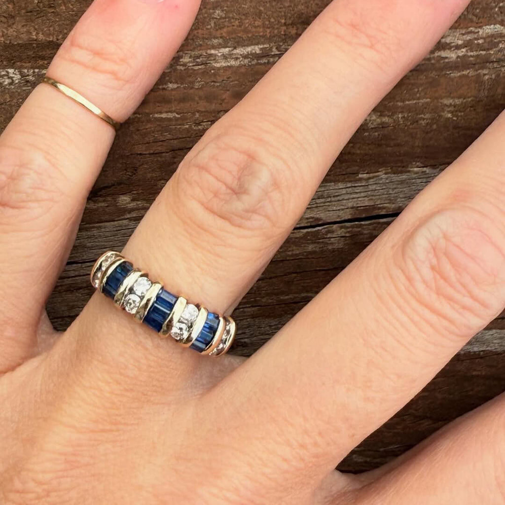 Luxury Jewelry Vintage Vertical Channel Baguette & Round Cut Blue & White Sapphire Half Eternity Wedding Bands