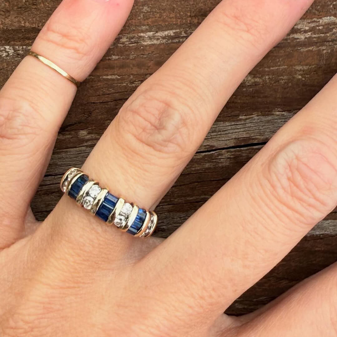 Luxury Jewelry Vintage Vertical Channel Baguette & Round Cut Blue & White Sapphire Half Eternity Wedding Bands