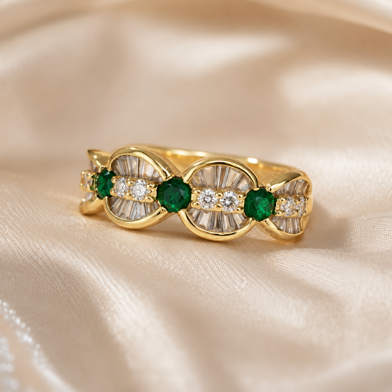 May Birthstone Golden Vintage Round Cut Emerald Sapphire Half Eternity Wedding Band