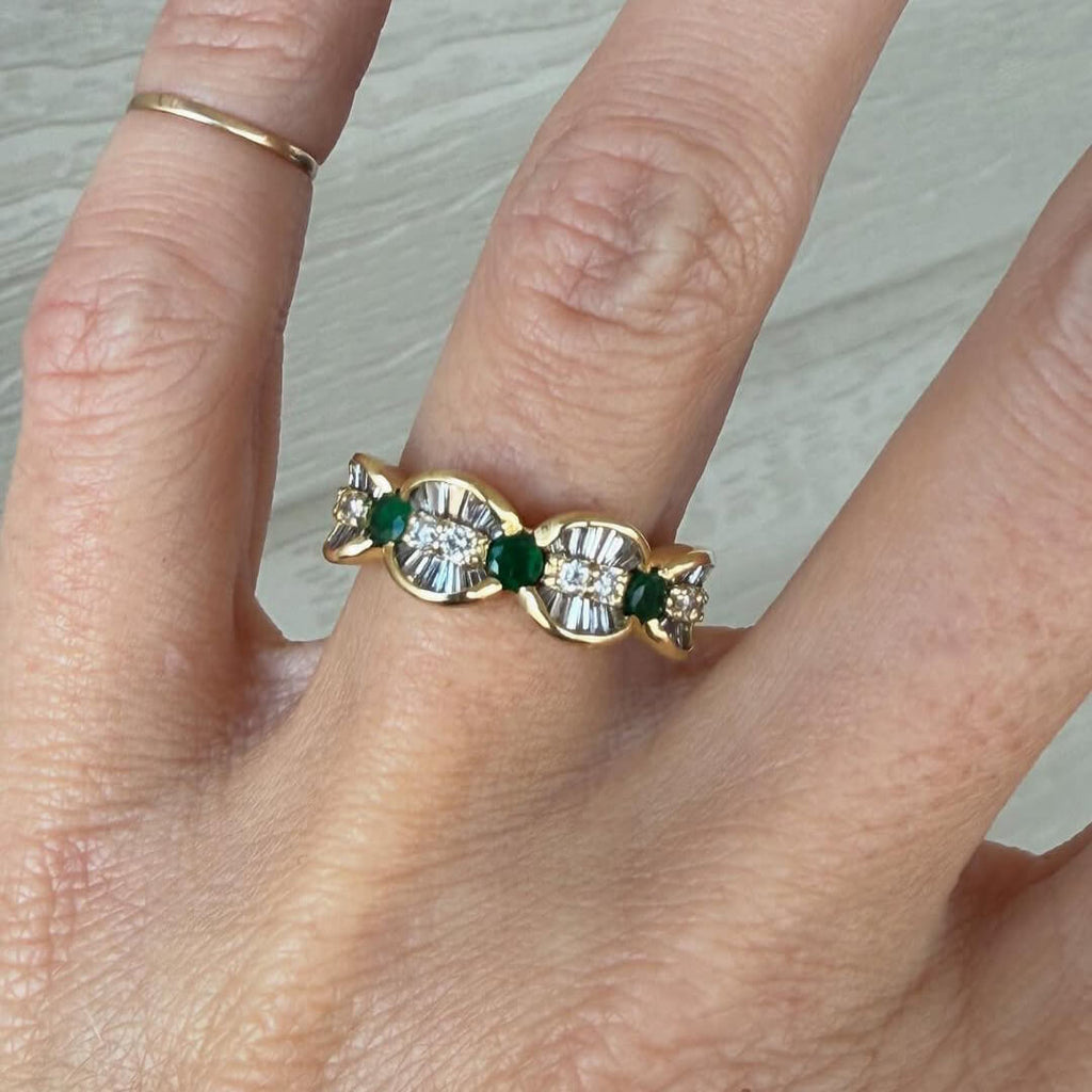 May Birthstone Golden Vintage Round Cut Emerald Sapphire Half Eternity Wedding Band