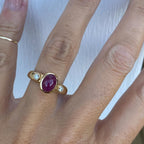 Ruby Birthstone Golden Three Stone Bezel Oval Cut Ruby Sapphire Engagement Rings