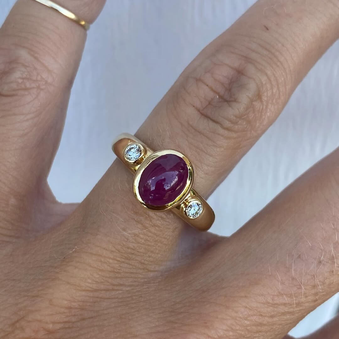 Ruby Birthstone Golden Three Stone Bezel Oval Cut Ruby Sapphire Engagement Rings