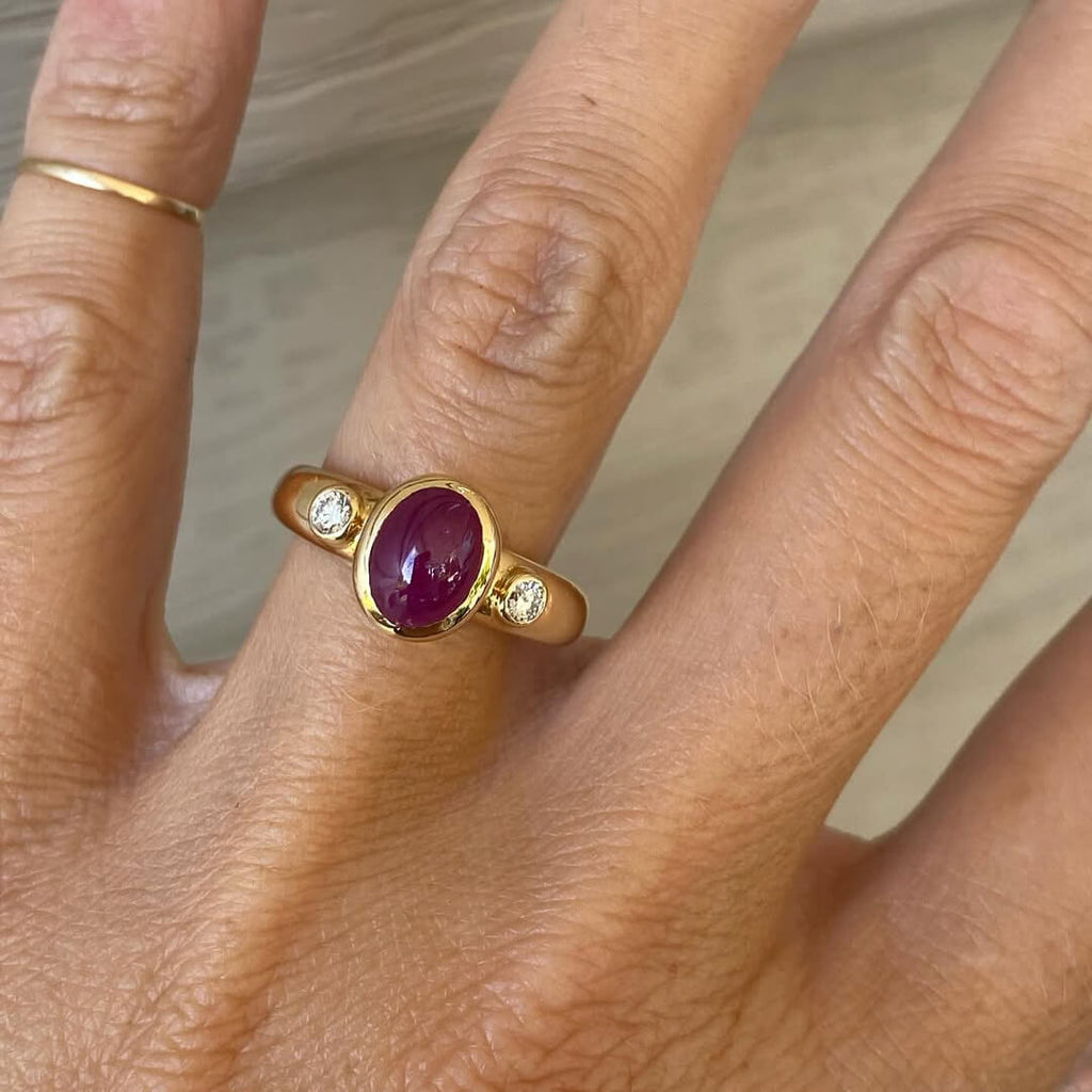 Ruby Birthstone Golden Three Stone Bezel Oval Cut Ruby Sapphire Engagement Rings