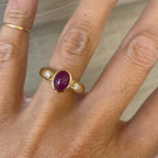 Ruby Birthstone Golden Three Stone Bezel Oval Cut Ruby Sapphire Engagement Rings
