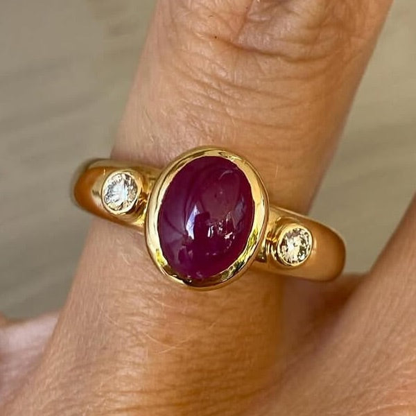 Ruby Birthstone Golden Three Stone Bezel Oval Cut Ruby Sapphire Engagement Rings