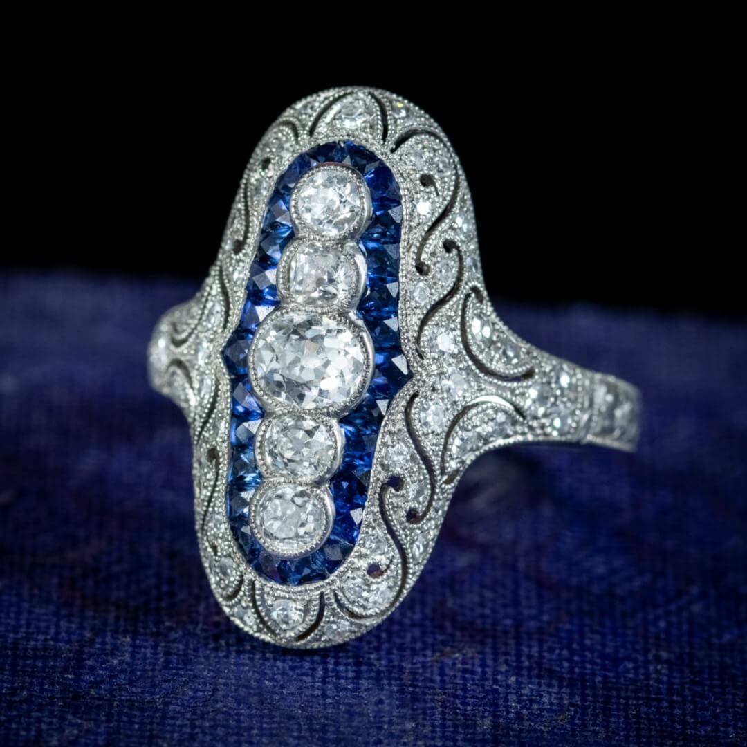 Luxury Jewelry Art Deco Cluster Design Halo Round & Baguette Cut White & Blue Sapphire Engagement Rings
