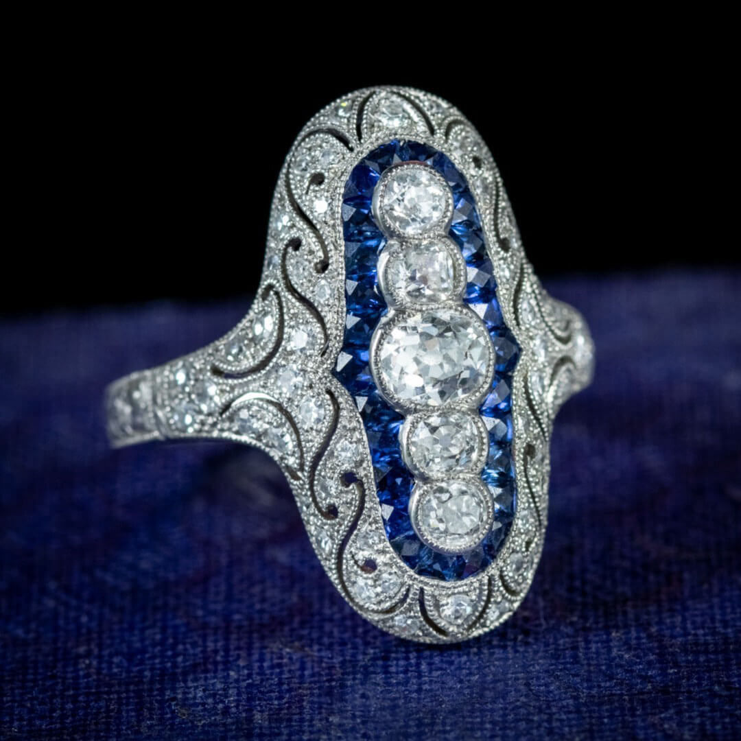 Luxury Jewelry Art Deco Cluster Design Halo Round & Baguette Cut White & Blue Sapphire Engagement Rings