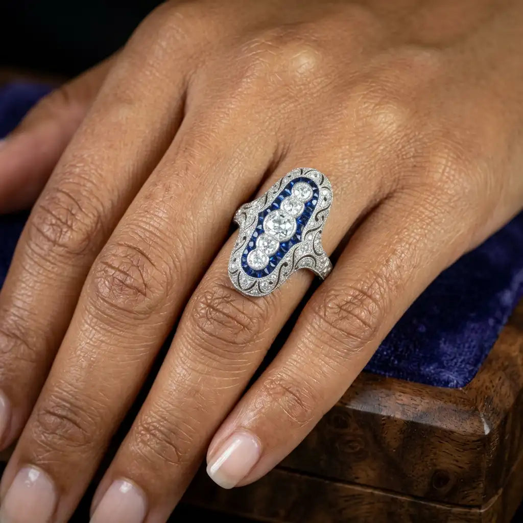 Luxury Jewelry Art Deco Cluster Design Halo Round & Baguette Cut White & Blue Sapphire Engagement Rings