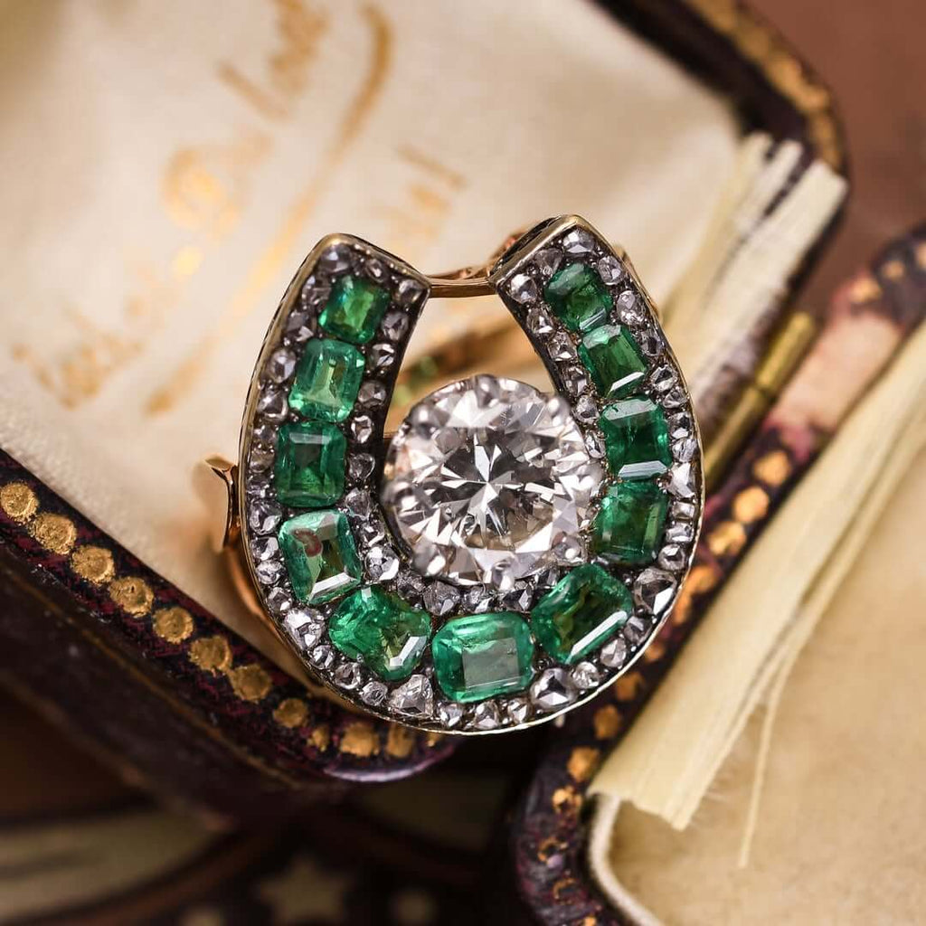 Luxury Jewelry Two Tone Horseshoe Design Round & Emerald Cut White & Emerald Sapphire Engagement rings
