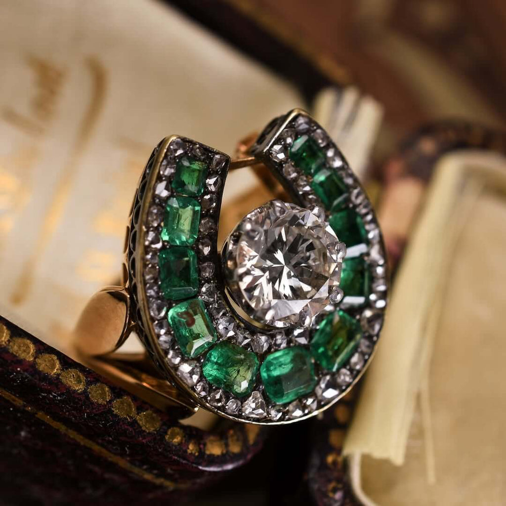 Luxury Jewelry Two Tone Horseshoe Design Round & Emerald Cut White & Emerald Sapphire Engagement rings