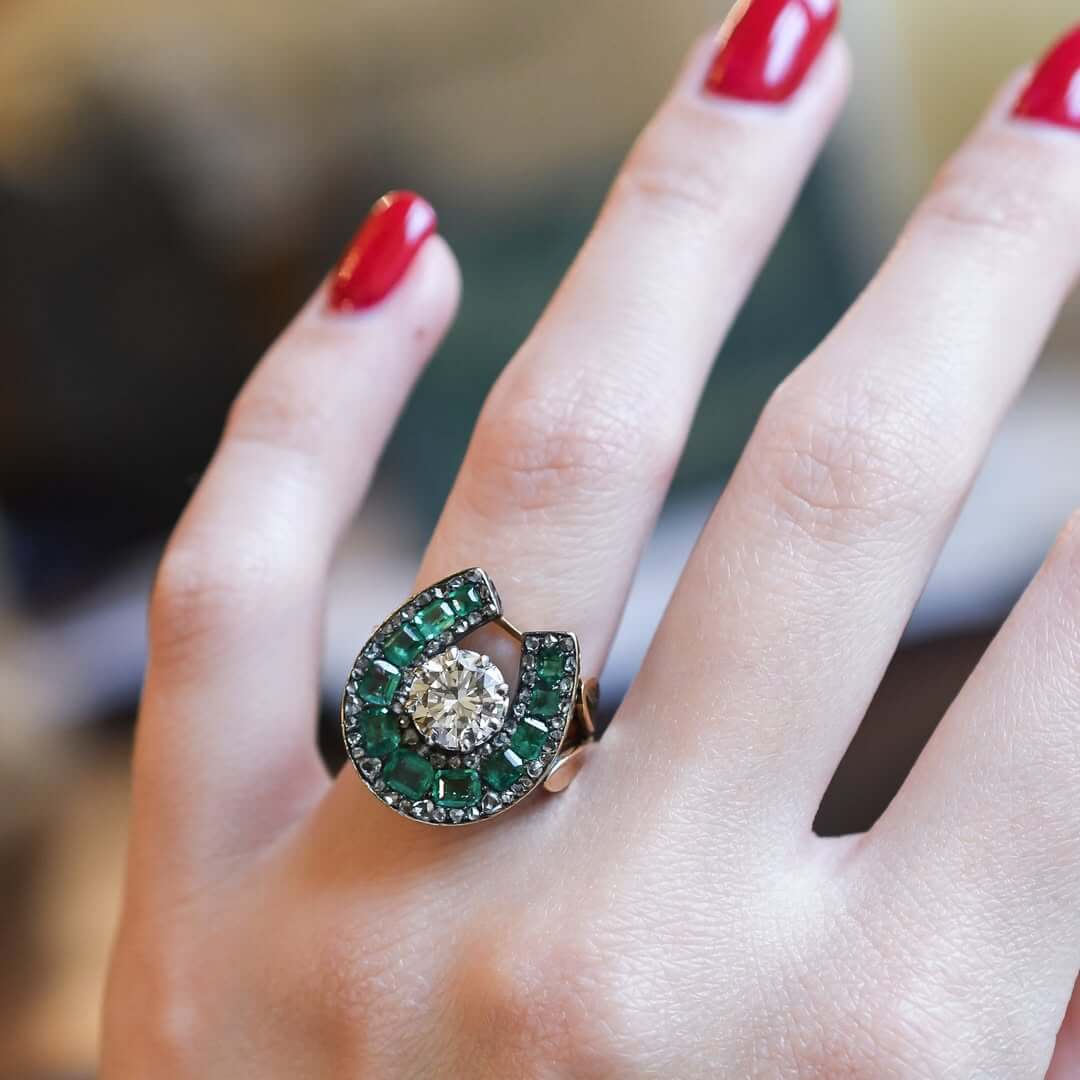 Luxury Jewelry Two Tone Horseshoe Design Round & Emerald Cut White & Emerald Sapphire Engagement rings