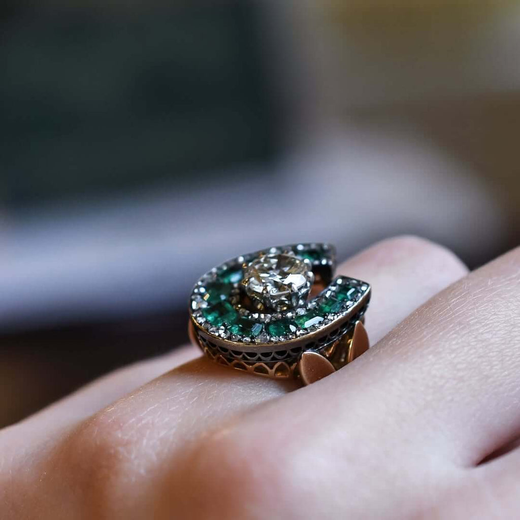 Luxury Jewelry Two Tone Horseshoe Design Round & Emerald Cut White & Emerald Sapphire Engagement rings