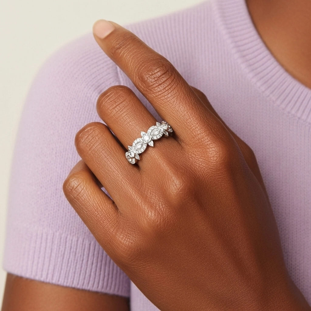 Luxury Jewelry Pavé Nature Blossom Rose Design Round Cut White Sapphire Half Eternity Wedding Band For Women