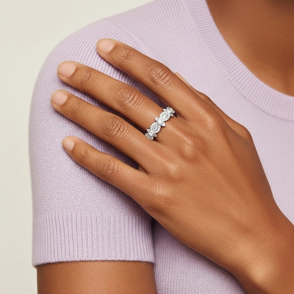Luxury Jewelry Pavé Nature Blossom Rose Design Round Cut White Sapphire Half Eternity Wedding Band For Women