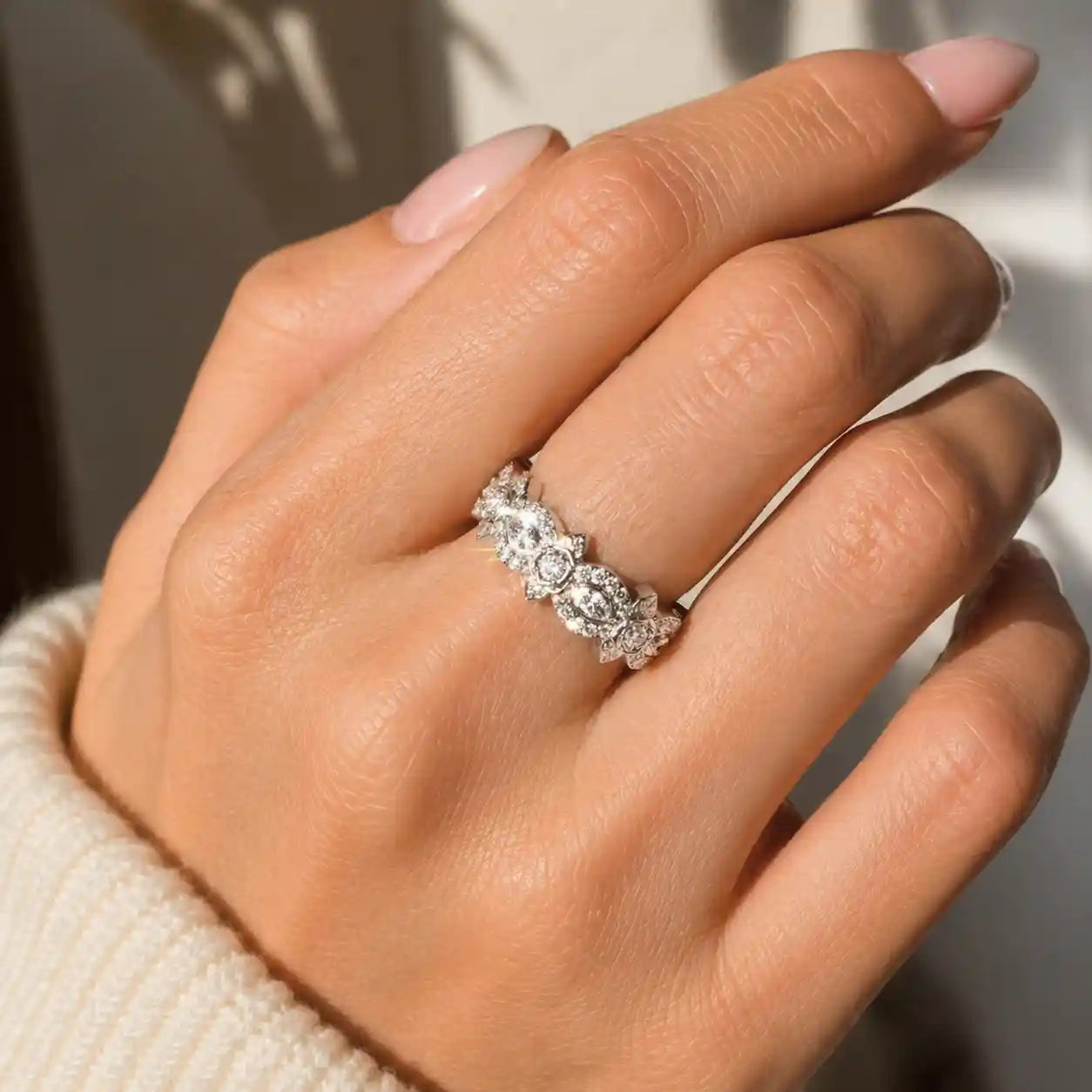 Luxury Jewelry Pavé Nature Blossom Rose Design Round Cut White Sapphire Half Eternity Wedding Band For Women