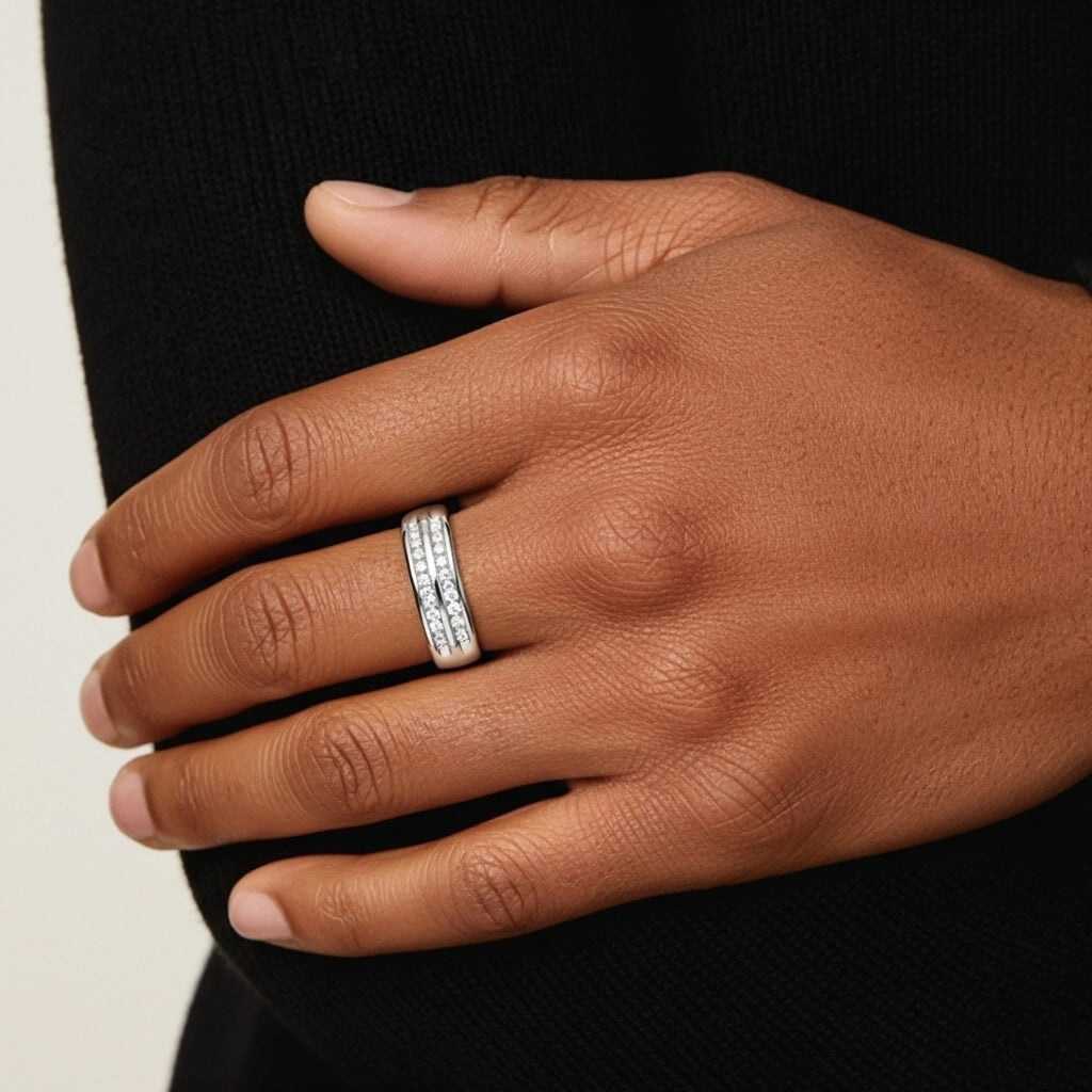 Luxury Jewelry Double Row Round Cut White Sapphire Half Eternity Wedding Band For Women