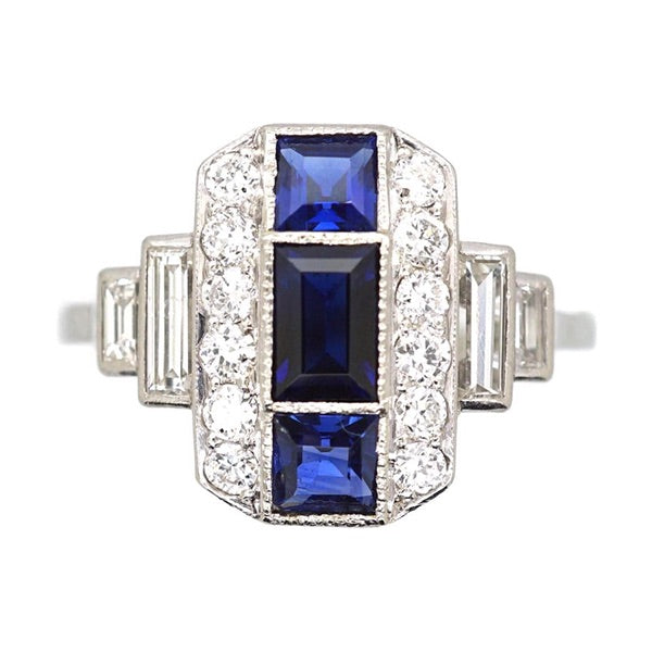 Luxury Jewelry Art Deco Baguette Cut Blue & White Sapphire Engagement Rings