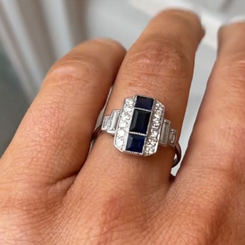 Luxury Jewelry Art Deco Baguette Cut Blue & White Sapphire Engagement Rings
