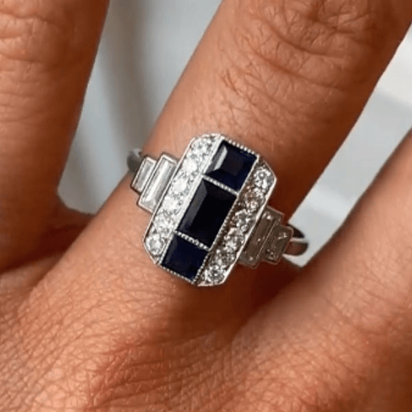 Luxury Jewelry Art Deco Baguette Cut Blue & White Sapphire Engagement Rings