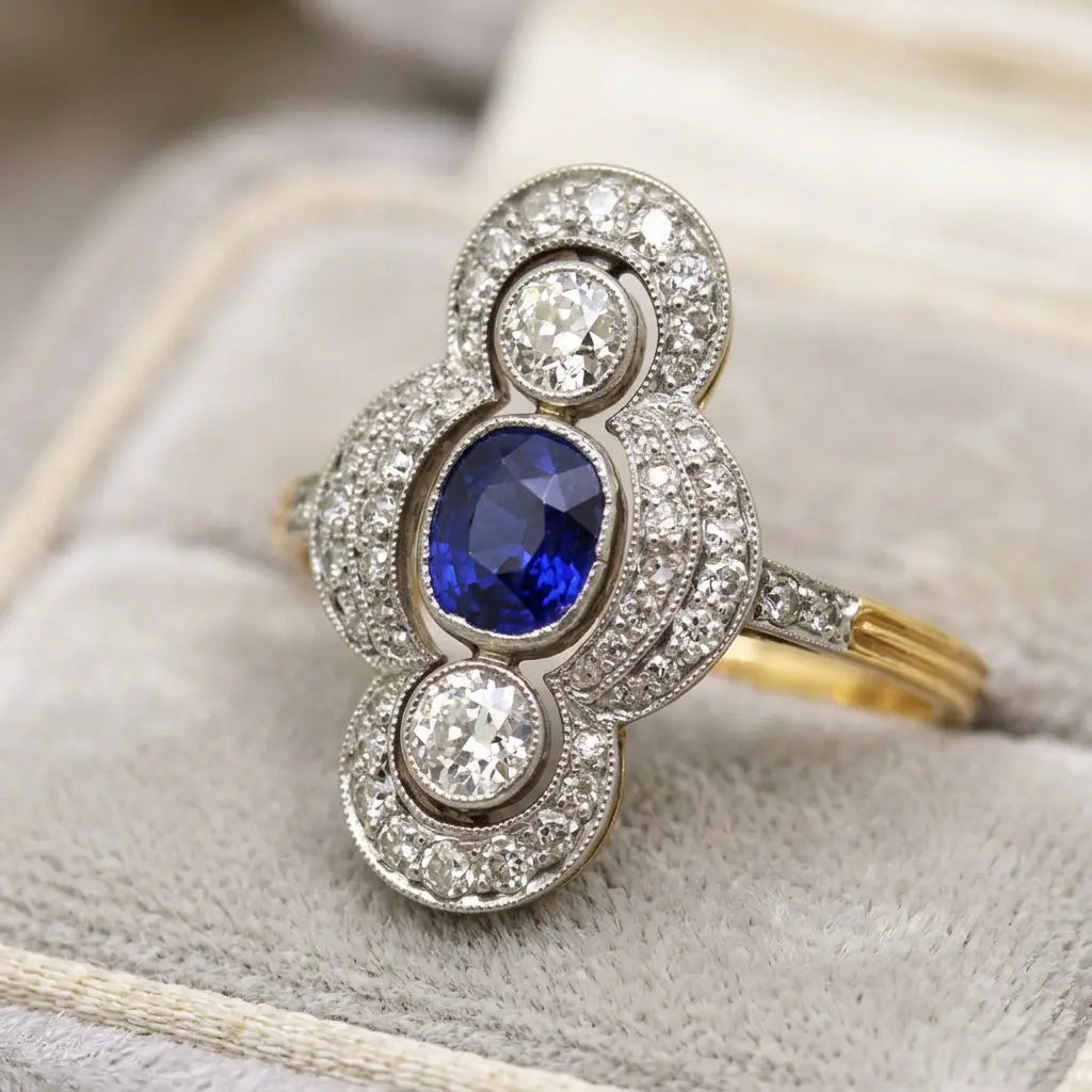Luxury Jewelry Cluster Two Tone Halo Cushion & Round Cut Blue & White Sapphire Engagement Rings