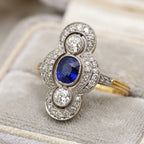 Luxury Jewelry Cluster Two Tone Halo Cushion & Round Cut Blue & White Sapphire Engagement Rings