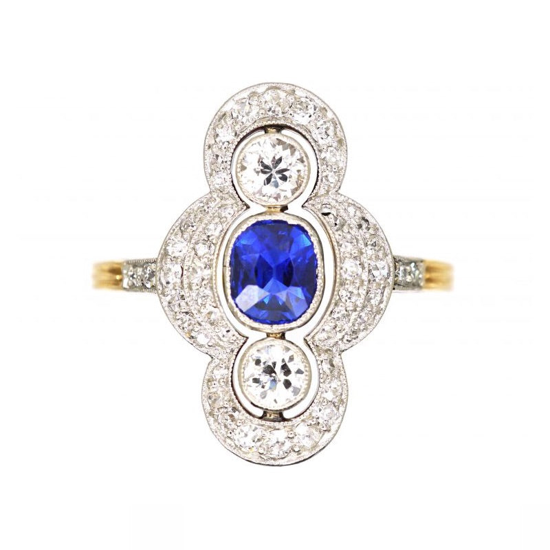 Luxury Jewelry Cluster Two Tone Halo Cushion & Round Cut Blue & White Sapphire Engagement Rings