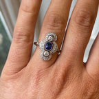 Luxury Jewelry Cluster Two Tone Halo Cushion & Round Cut Blue & White Sapphire Engagement Rings
