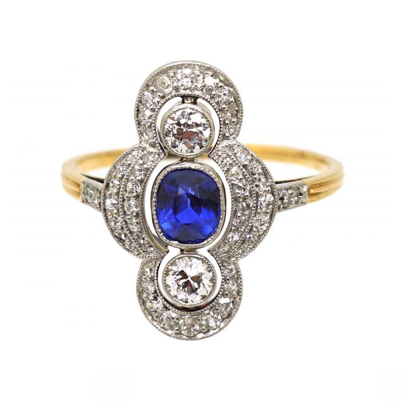 Luxury Jewelry Cluster Two Tone Halo Cushion & Round Cut Blue & White Sapphire Engagement Rings