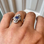 Luxury Jewelry Cluster Two Tone Halo Cushion & Round Cut Blue & White Sapphire Engagement Rings