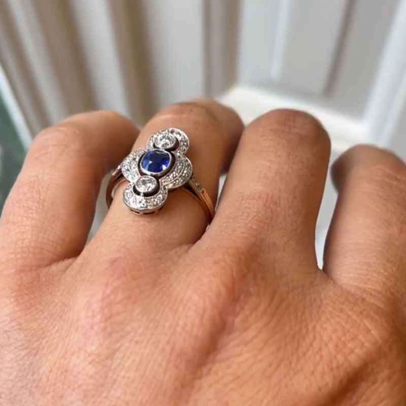 Luxury Jewelry Cluster Two Tone Halo Cushion & Round Cut Blue & White Sapphire Engagement Rings
