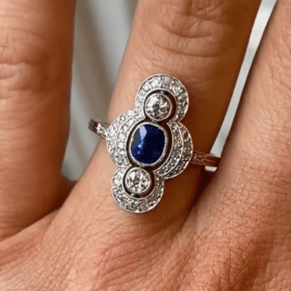 Luxury Jewelry Cluster Two Tone Halo Cushion & Round Cut Blue & White Sapphire Engagement Rings