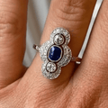 Luxury Jewelry Cluster Two Tone Halo Cushion & Round Cut Blue & White Sapphire Engagement Rings