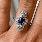 Luxury Jewelry Cluster Two Tone Halo Cushion & Round Cut Blue & White Sapphire Engagement Rings